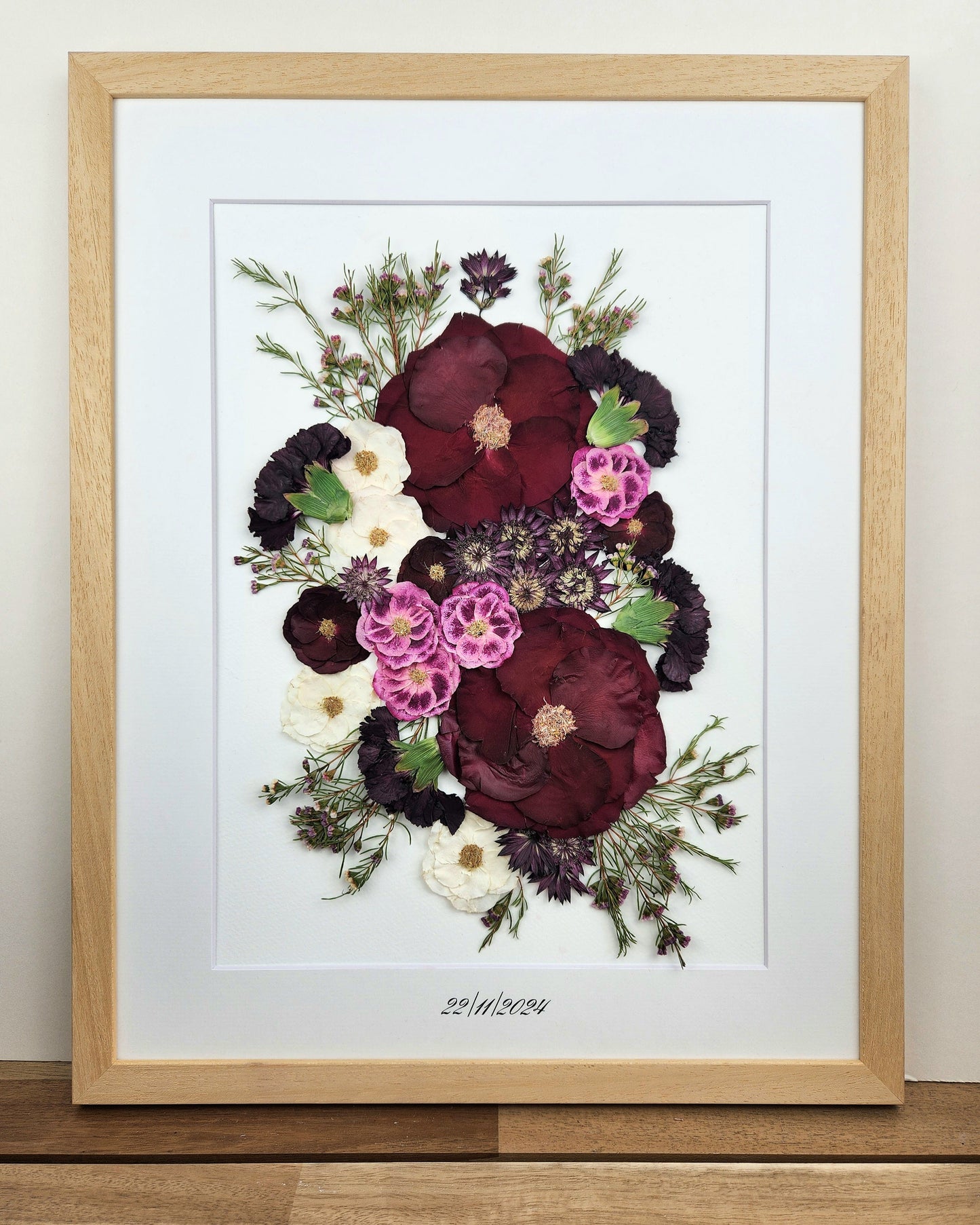 SIÓG Botanicals Solid Wood (Natural Veneer) Signature Wedding Pressed Flower Artwork (16"x20" / 40cm x 50cm)