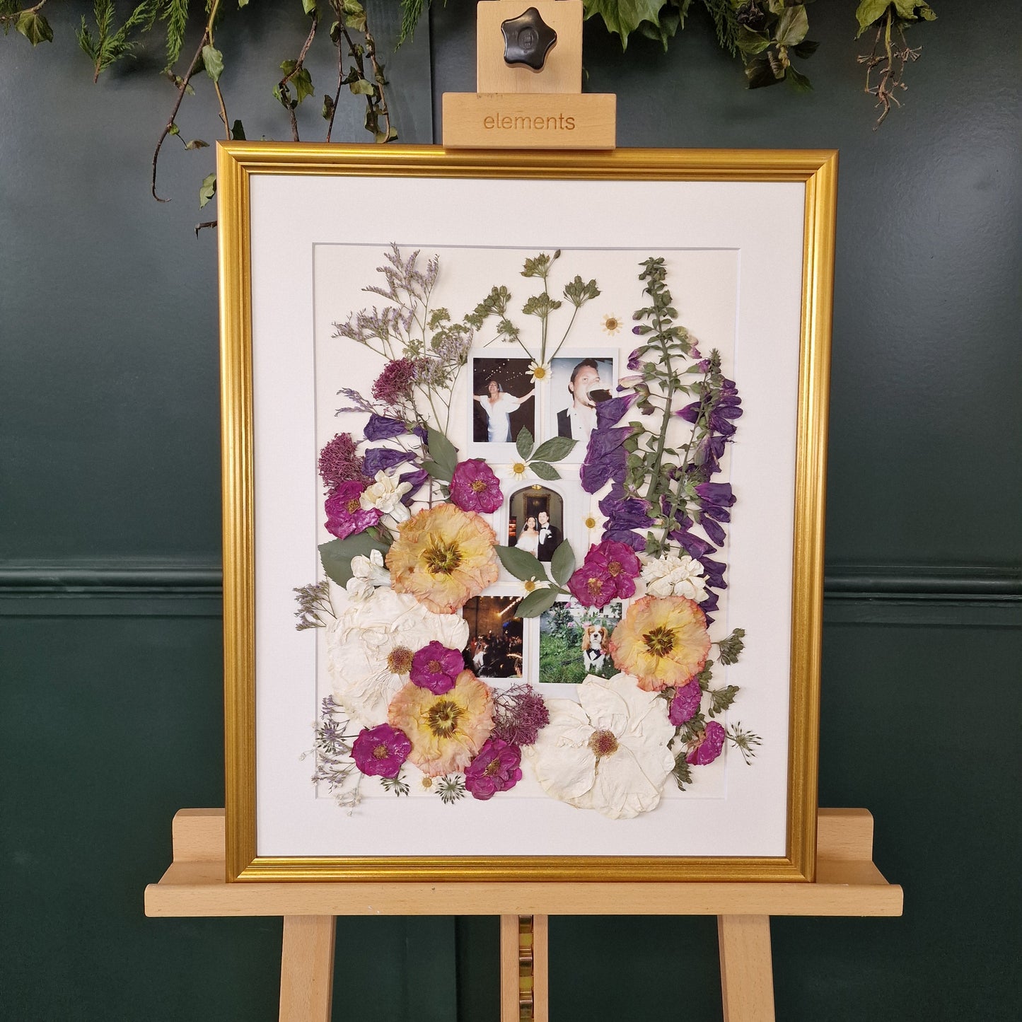 SIÓG Botanicals Gold Frame/ Ivory Signature Pressed Wedding Bouquet (16"x20" / 40cm x 50cm)